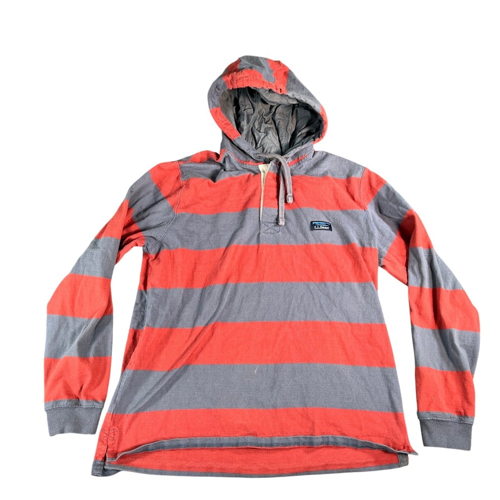 L.L. Bean Hooded Shirt Mens Large Red Blue Striped Long Sleeve Cotton Jersey
